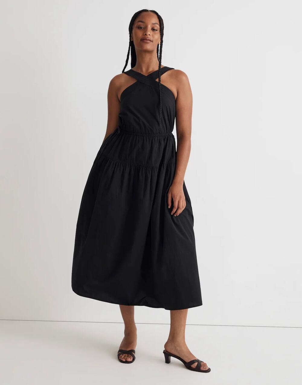 Madewell Size 4 Black Poplin Halter Tiered Midi Dress Casual Cotton Neutral
